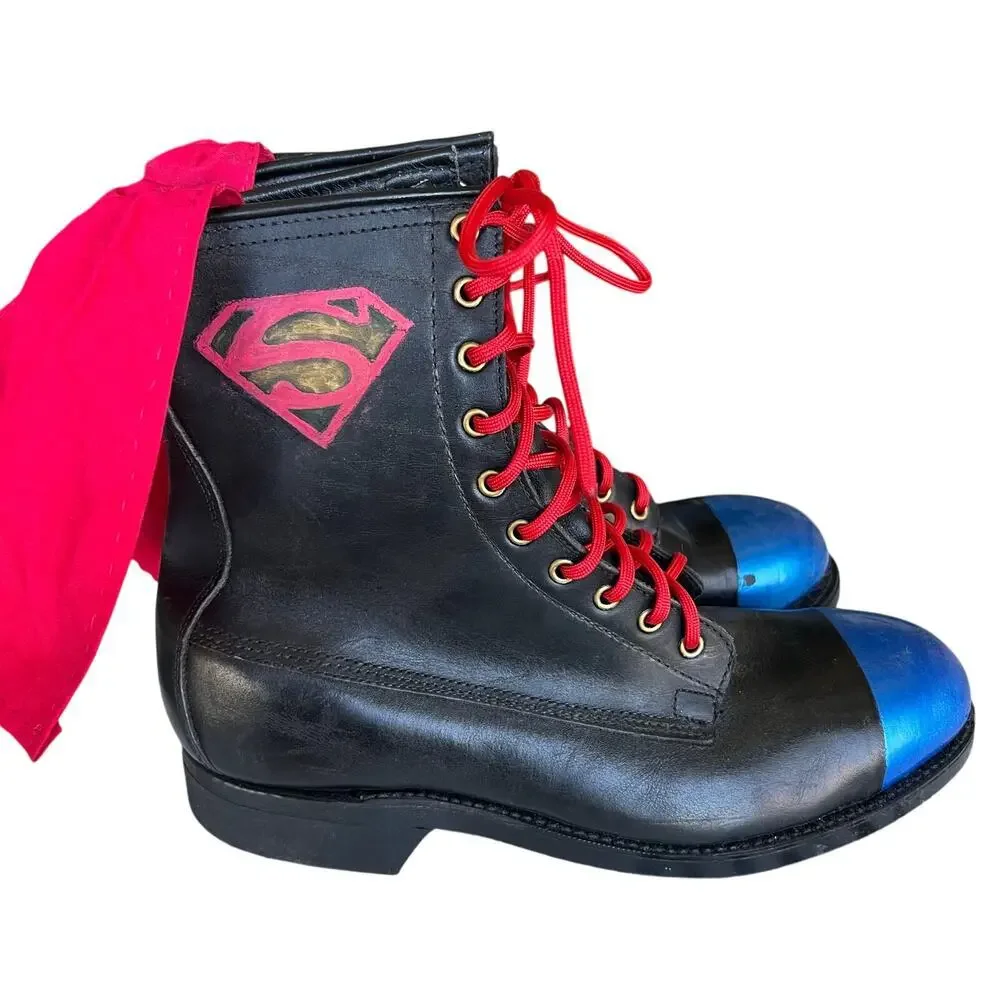 One of a kind Black Superman leather upcycled steel toe combat boots VTG Sz 9.5R